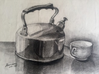 Whistling Kettle, 1975, charcoal on paper, 9x12 inches
