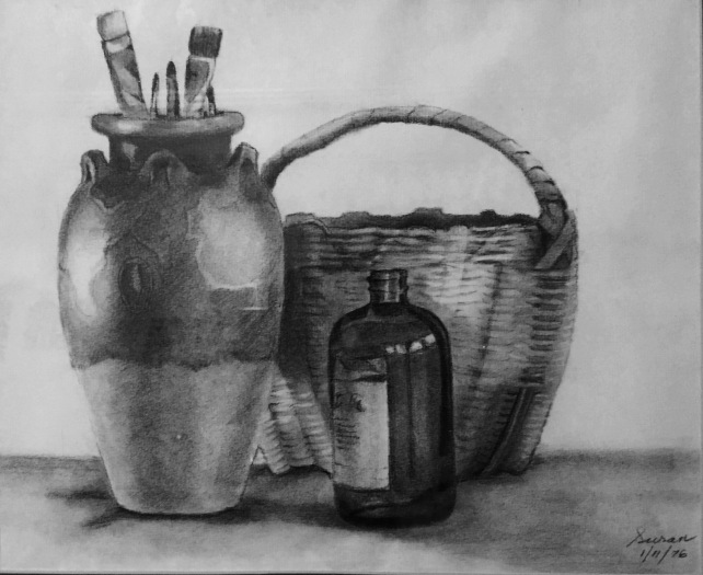 Still Life with Basket, 1976, charcoal on paper, 11x13 inches
